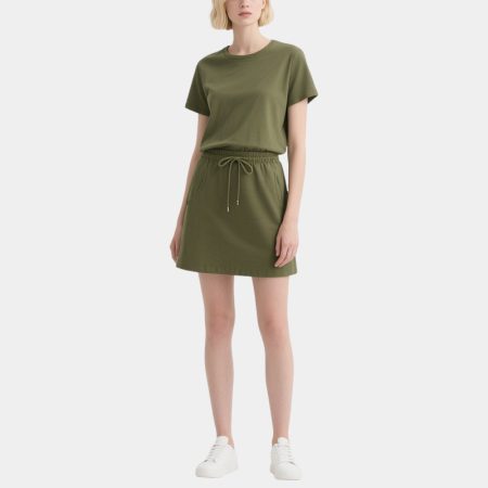 olive-green-round-neck-short-sleeve-drawstring-skirt-set