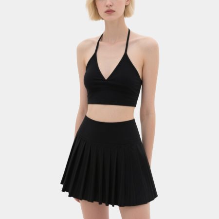 cool-black-halter-neck-deep-v-top-high-waist-pleated-skirt-set