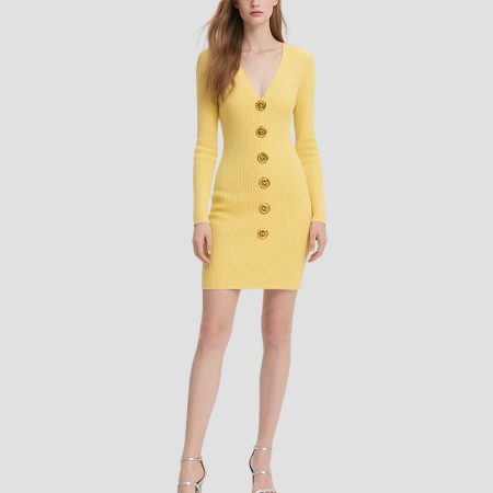 v-neck-single-breasted-slim-fashion-knitted-dress