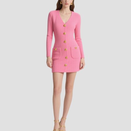 v-neck-gold-button-slim-temperament-knitted-dress